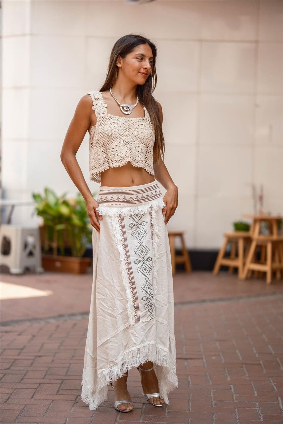 Krem Renk Püskül Detaylı Bohem Etek