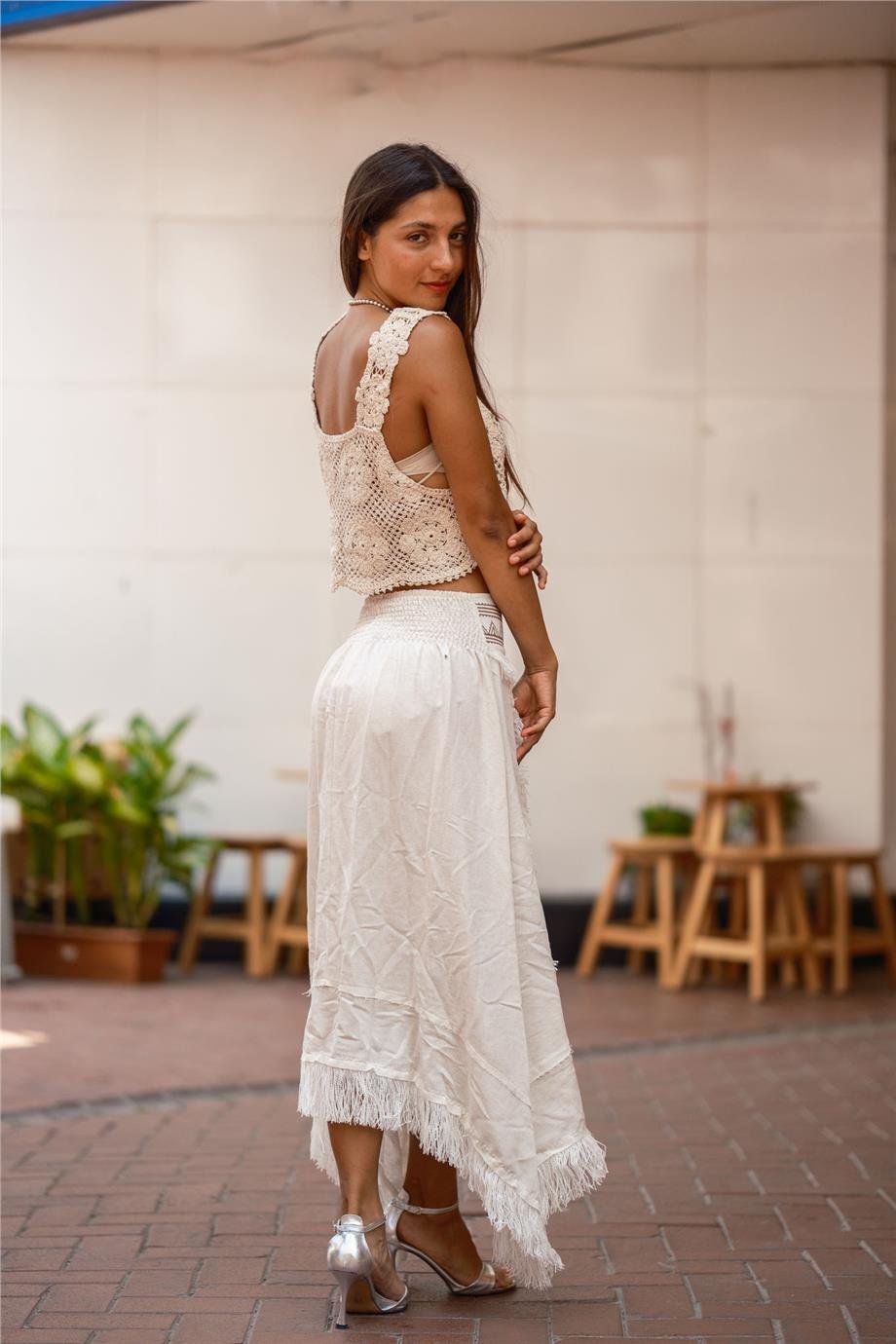 Krem Renk Püskül Detaylı Bohem Etek