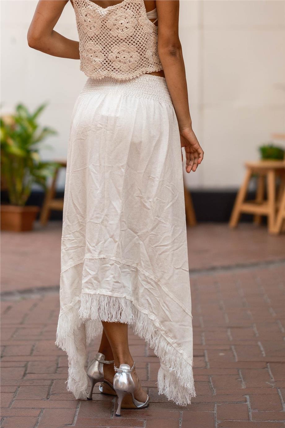 Krem Renk Püskül Detaylı Bohem Etek