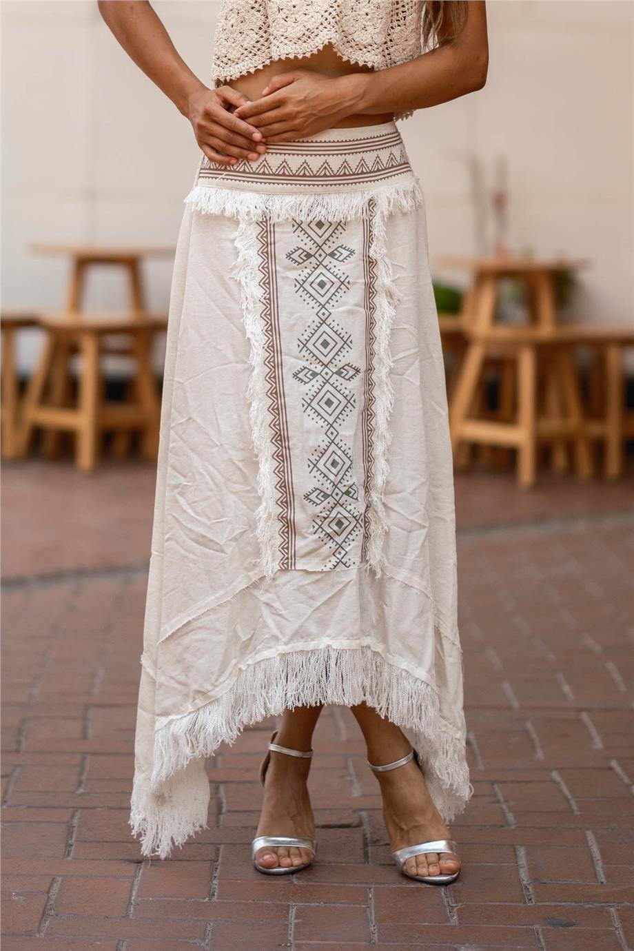 Krem Renk Püskül Detaylı Bohem Etek
