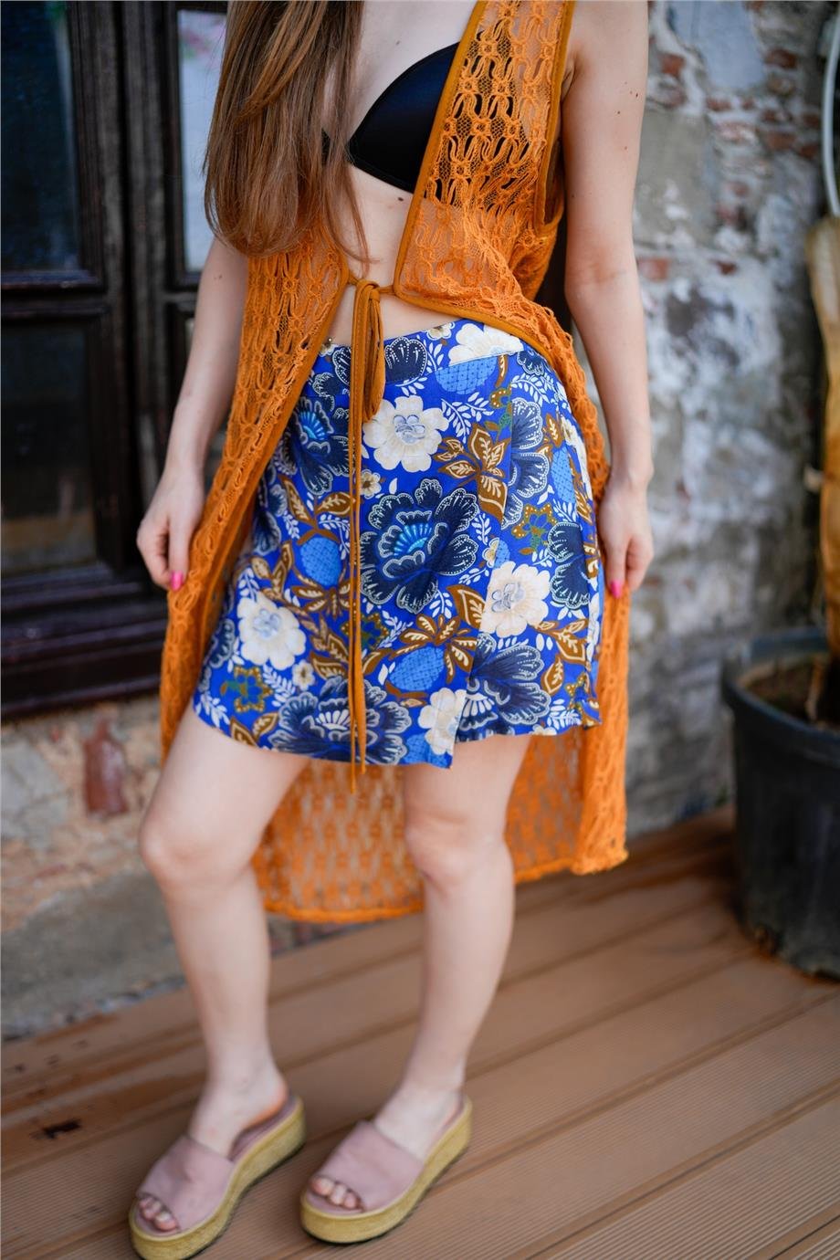 Kruvaze Ön Detaylı Mavi Şort Etek