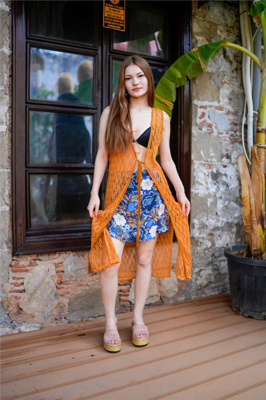 Kruvaze Ön Detaylı Mavi Şort Etek