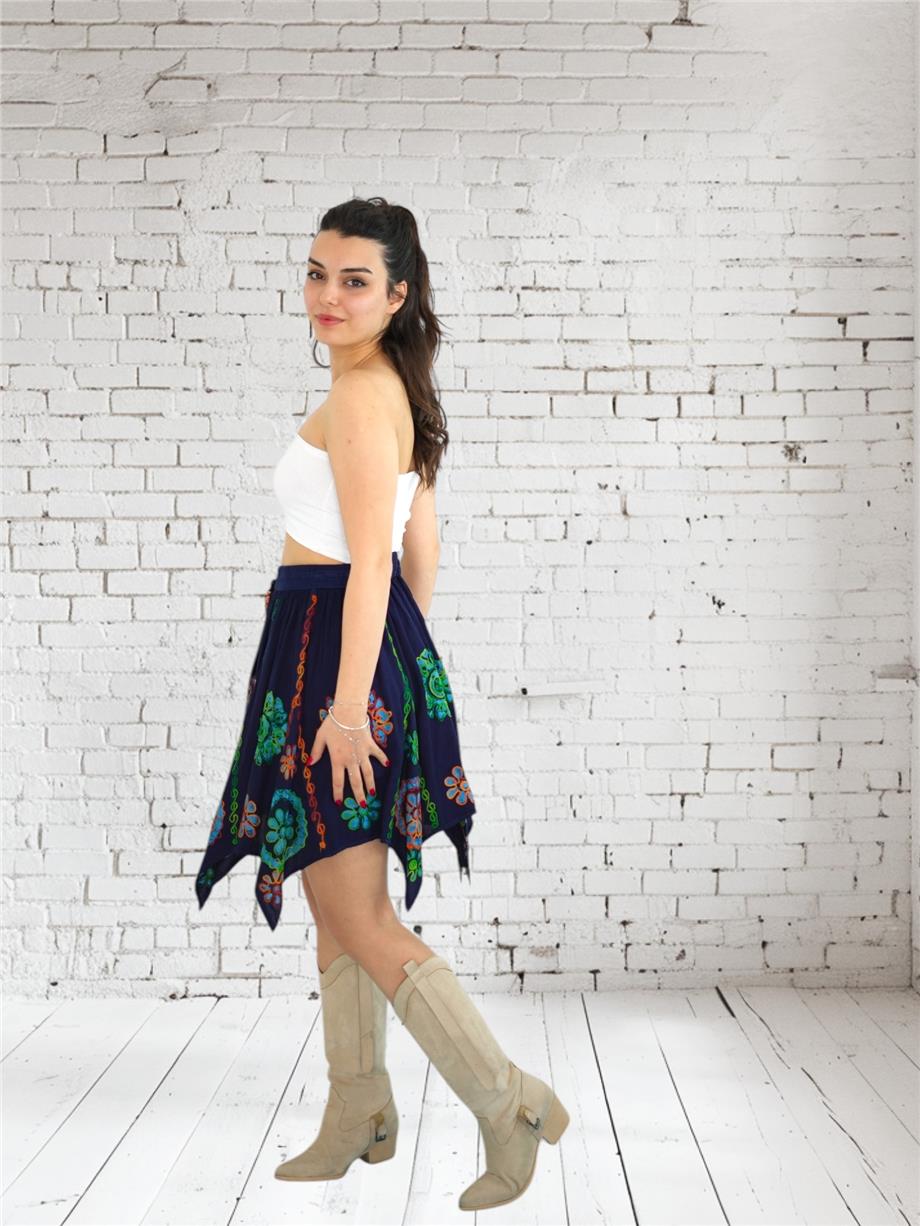 Lacivert Nakışlı Hint Etek
