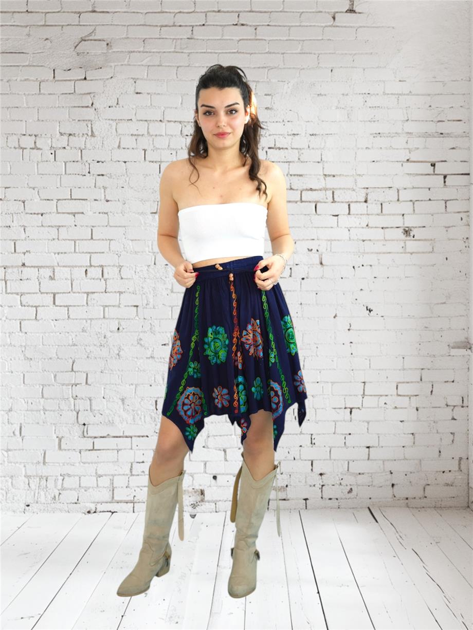 Lacivert Nakışlı Hint Etek