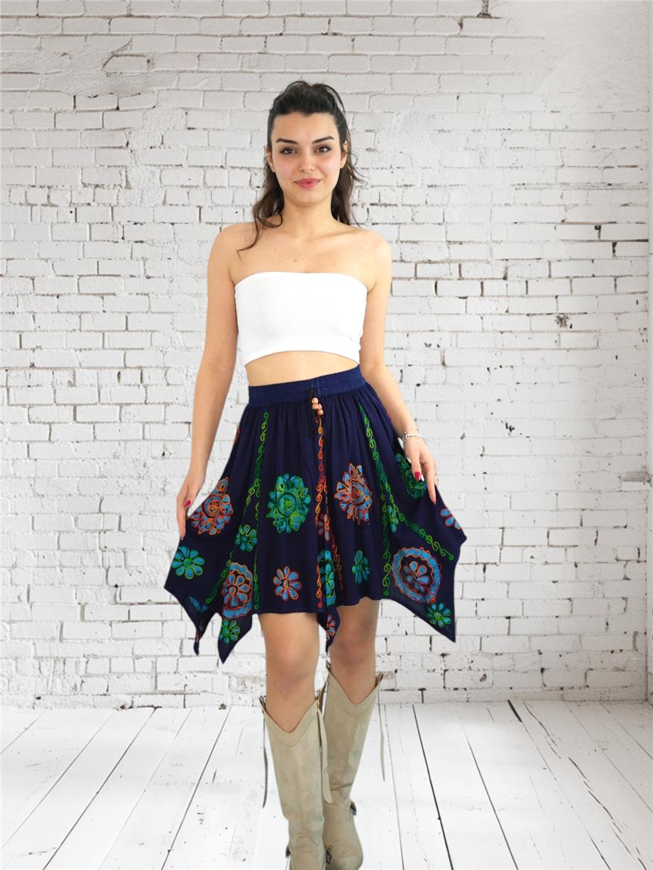 Lacivert Nakışlı Hint Etek