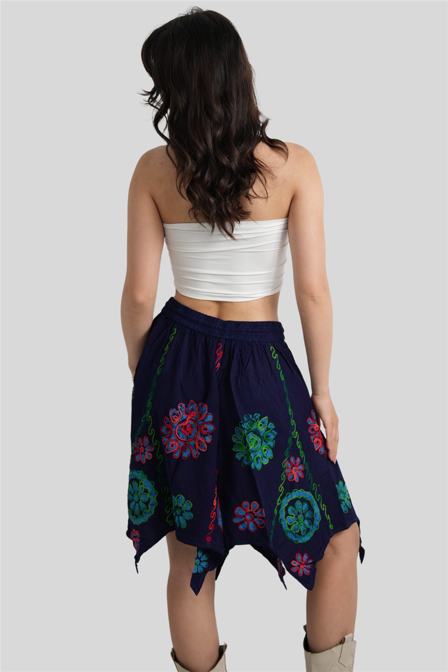 Lacivert Papatya Desenli Hint Etek