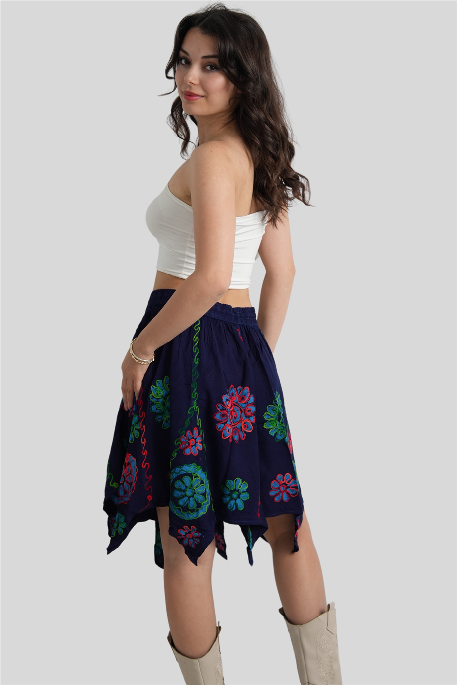 Lacivert Papatya Desenli Hint Etek