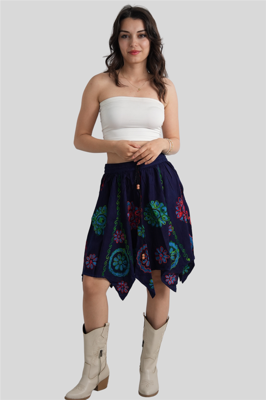 Lacivert Papatya Desenli Hint Etek