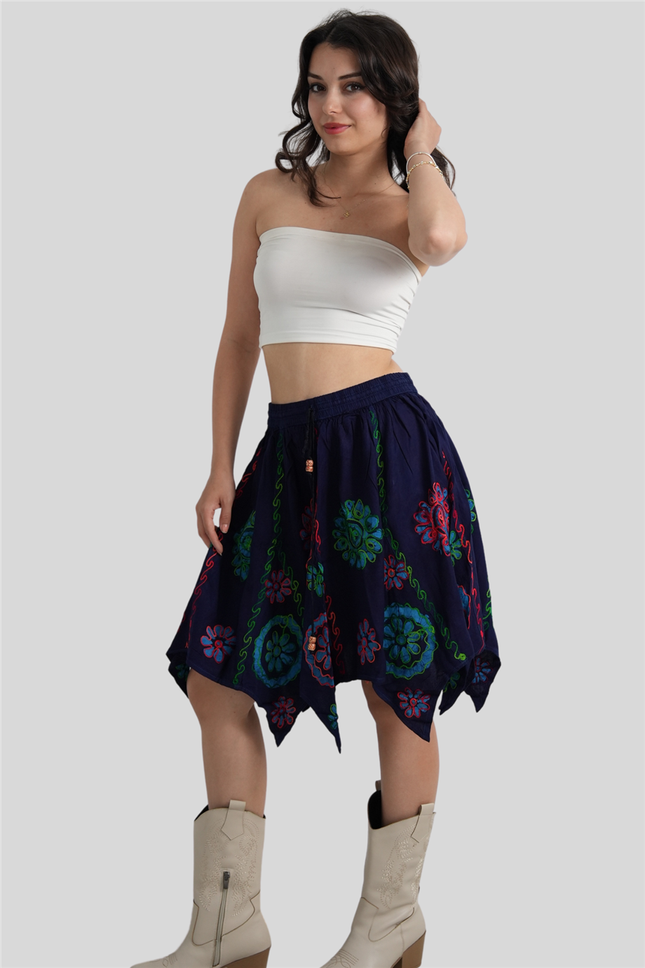 Lacivert Papatya Desenli Hint Etek