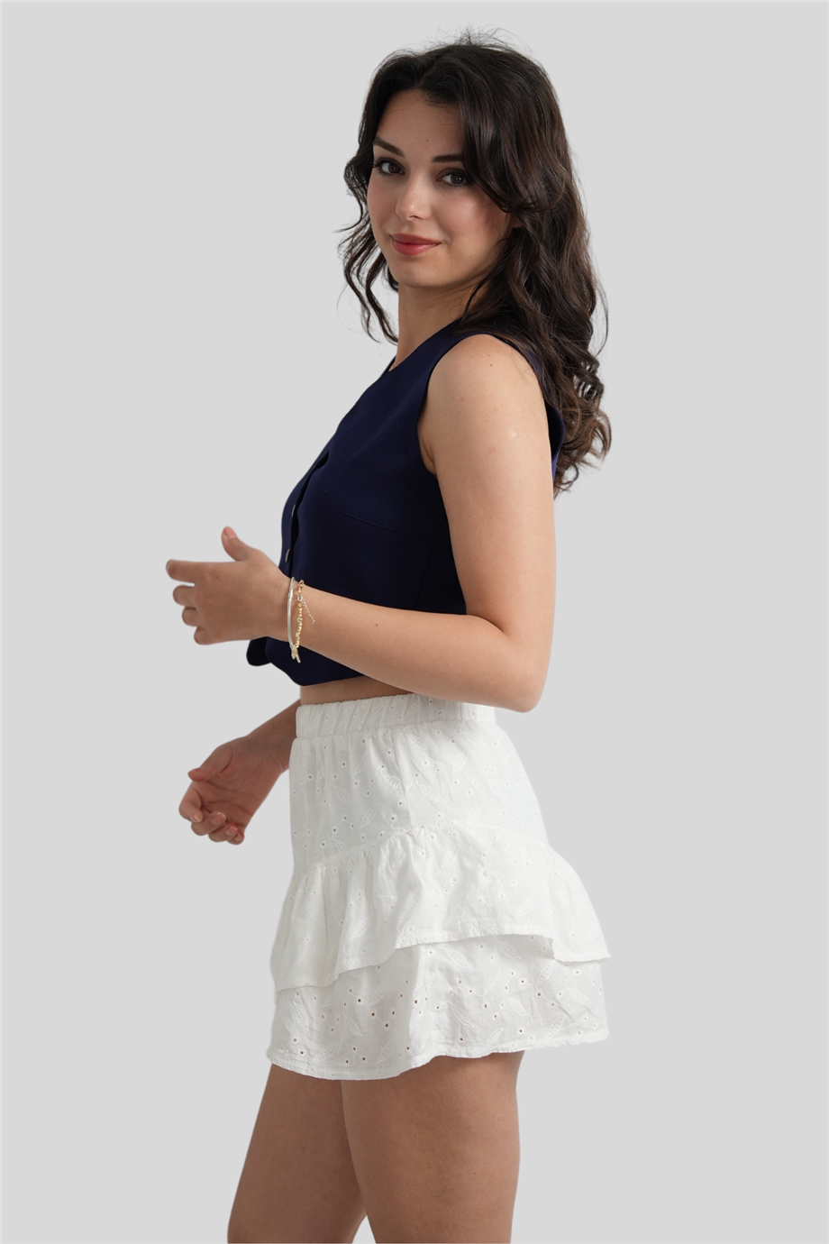 Lacivert V Yaka Düğme Detaylı Örme Triko Bluz