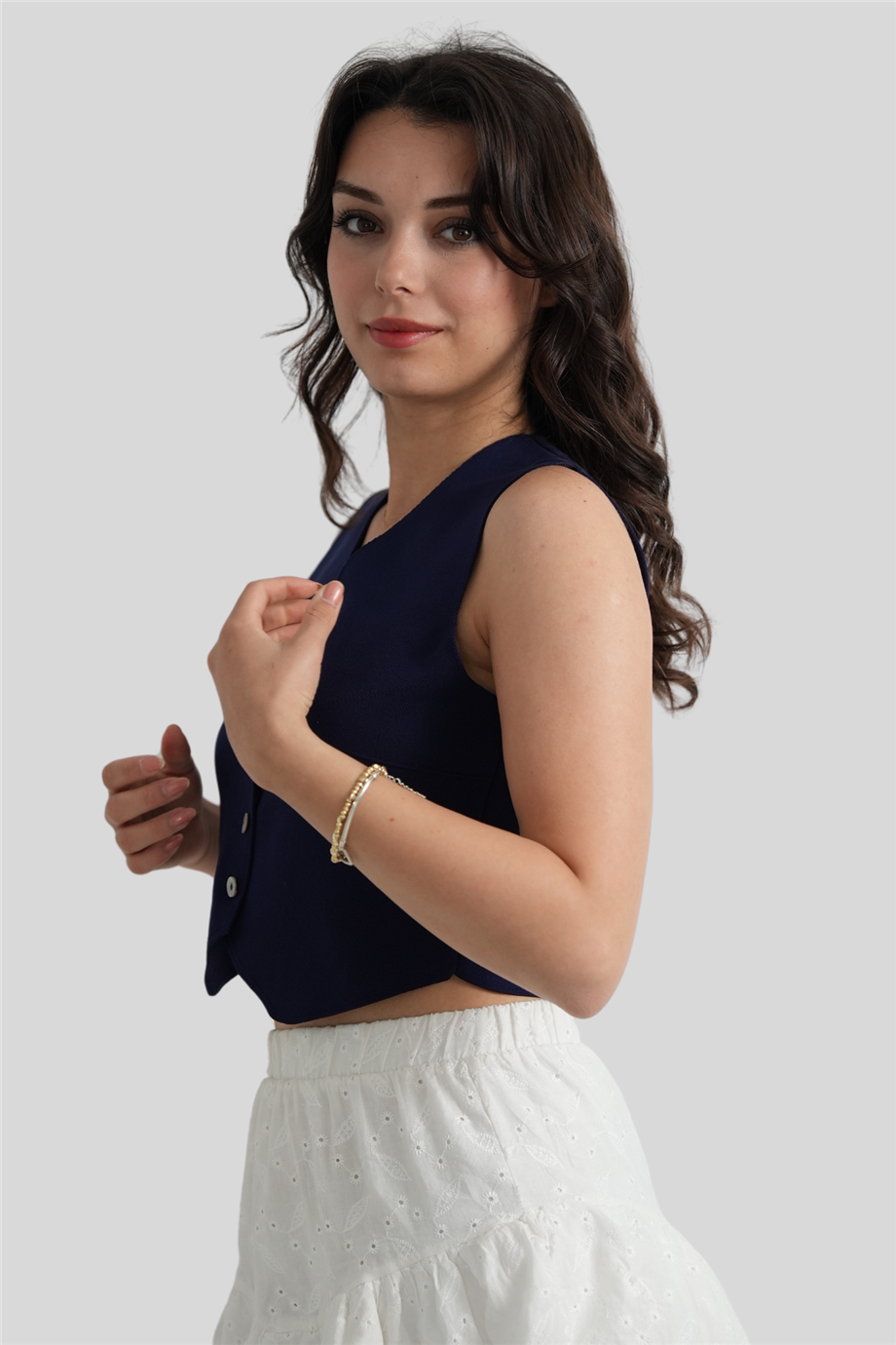 Lacivert V Yaka Düğme Detaylı Örme Triko Bluz