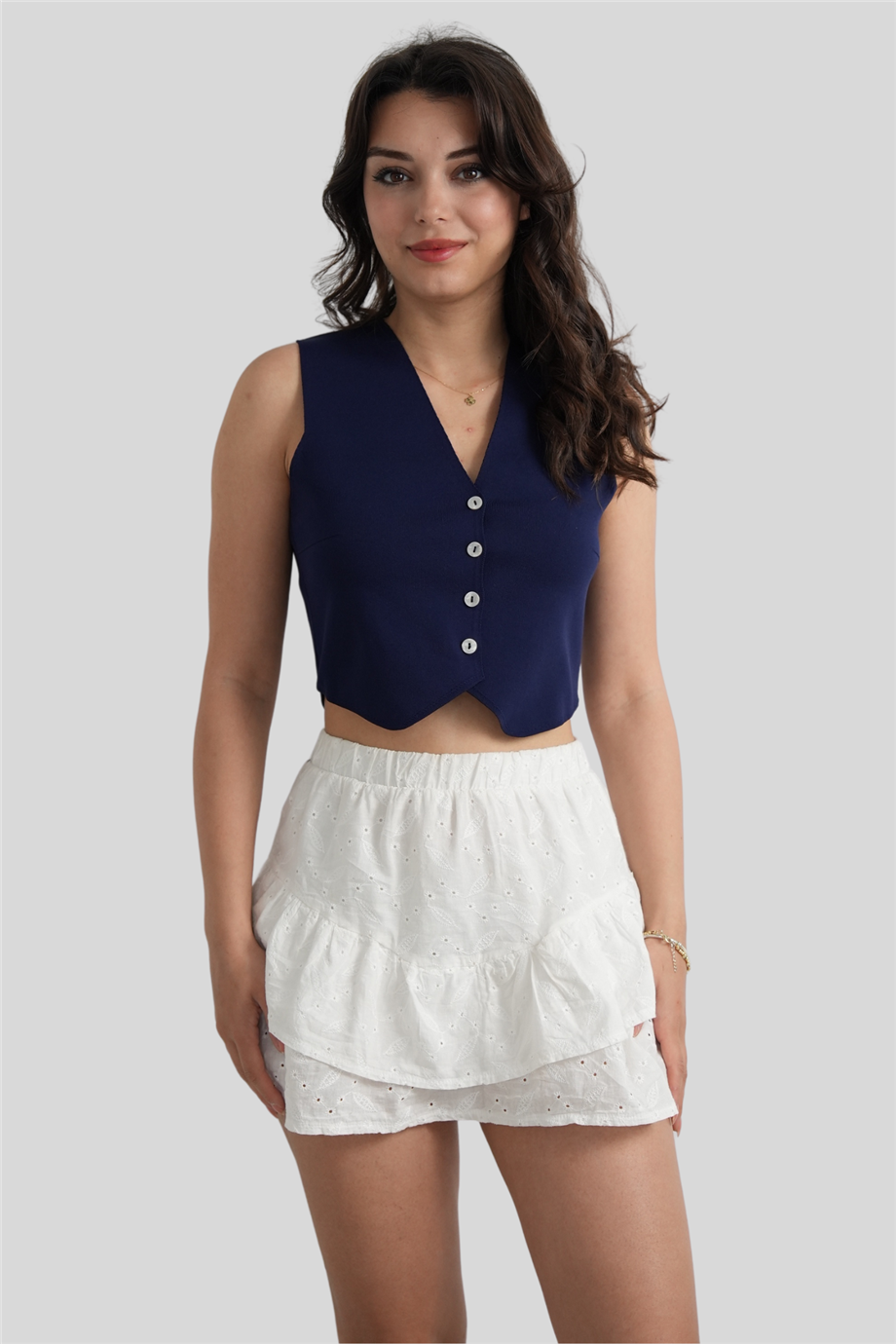 Lacivert V Yaka Düğme Detaylı Örme Triko Bluz