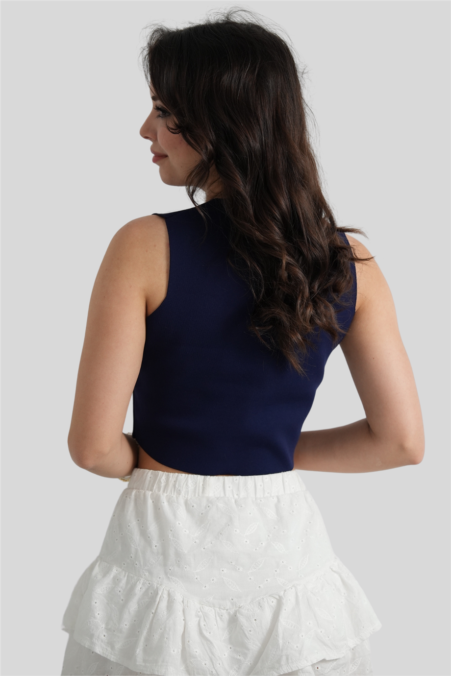 Lacivert V Yaka Düğme Detaylı Örme Triko Bluz