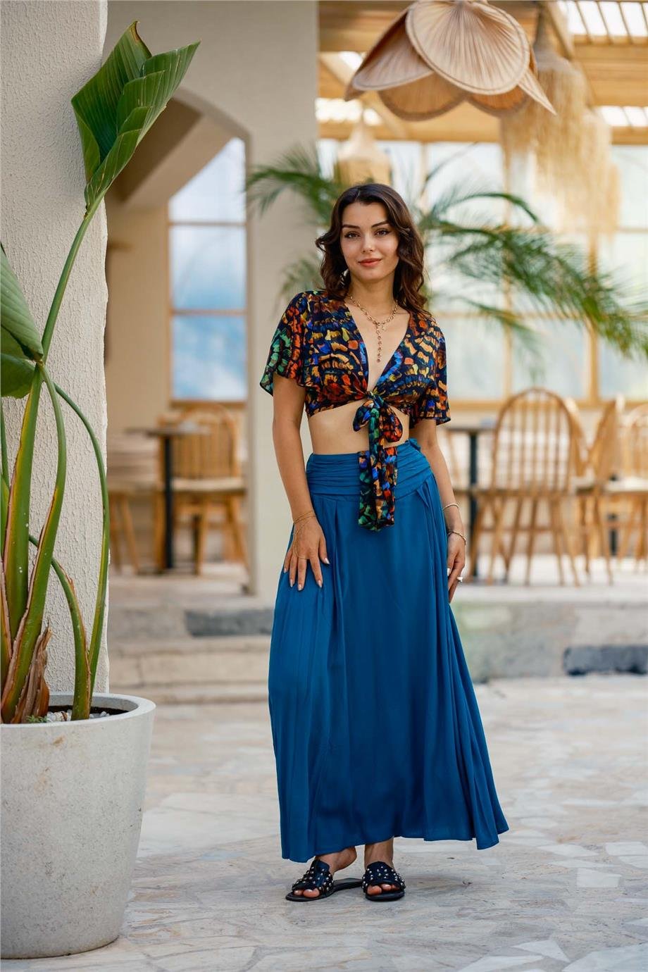 Mavi Beli Lastikli Drape Detaylı Otantik Etek