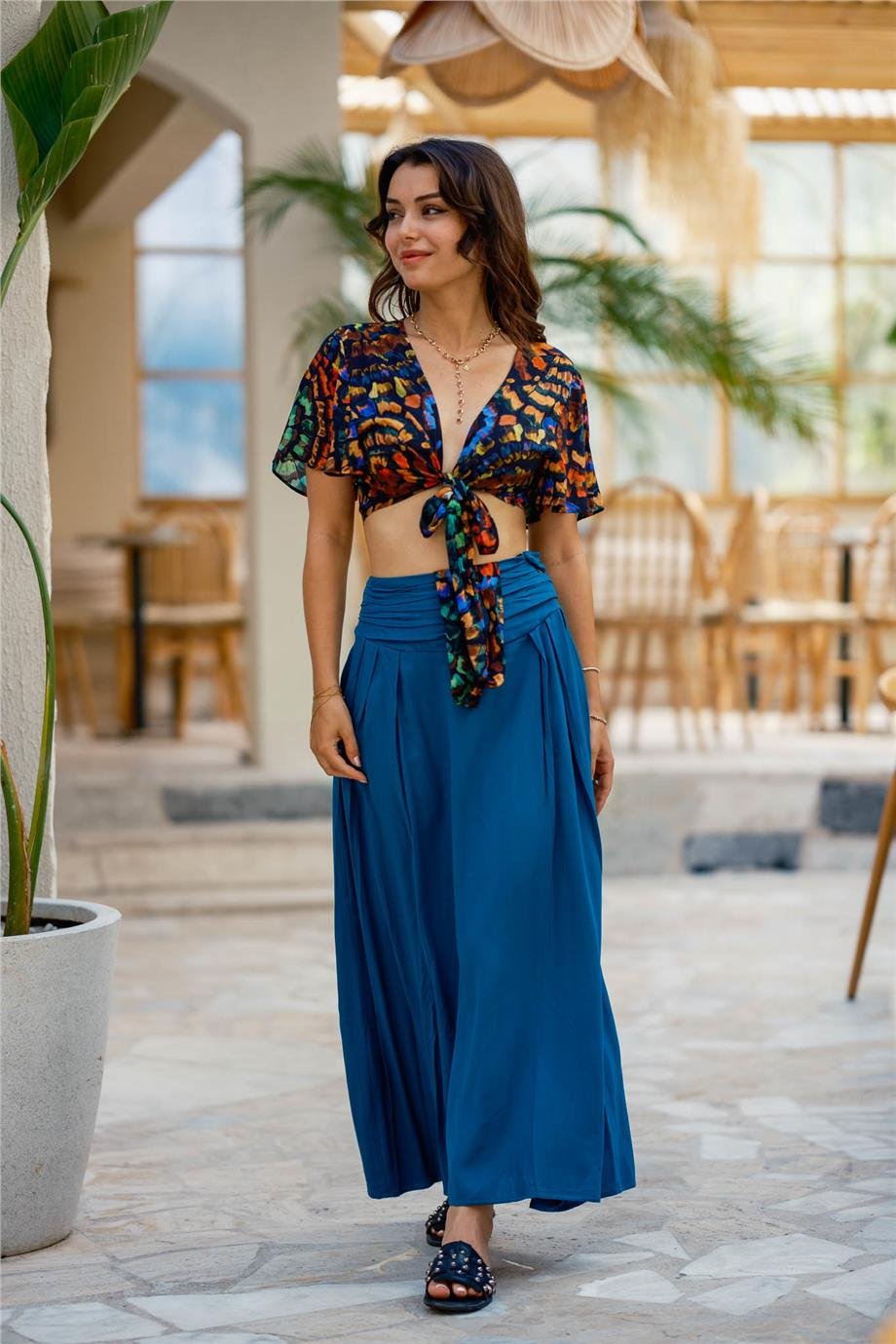 Mavi Beli Lastikli Drape Detaylı Otantik Etek