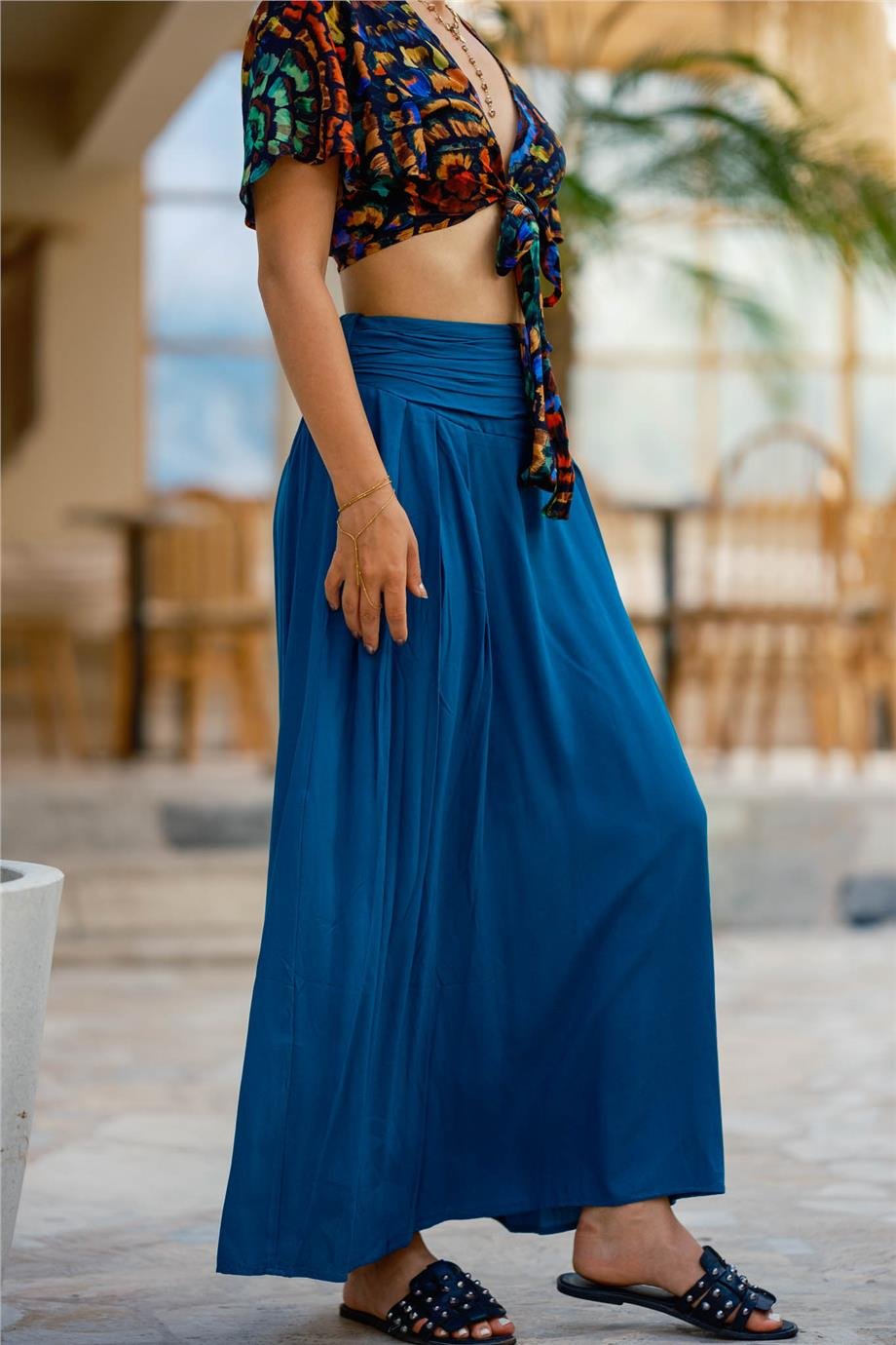 Mavi Beli Lastikli Drape Detaylı Otantik Etek