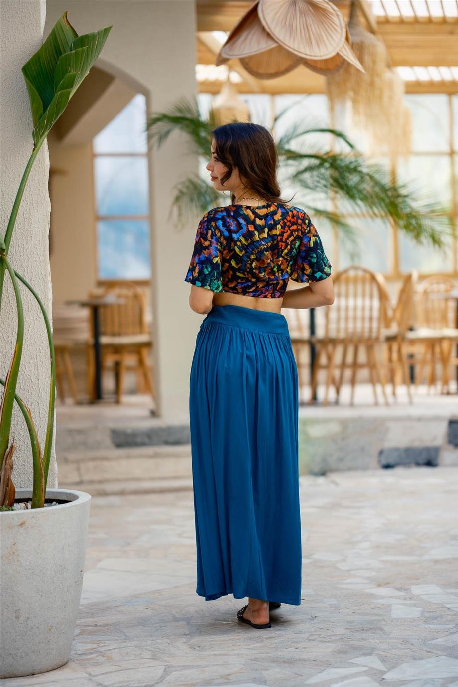 Mavi Beli Lastikli Drape Detaylı Otantik Etek