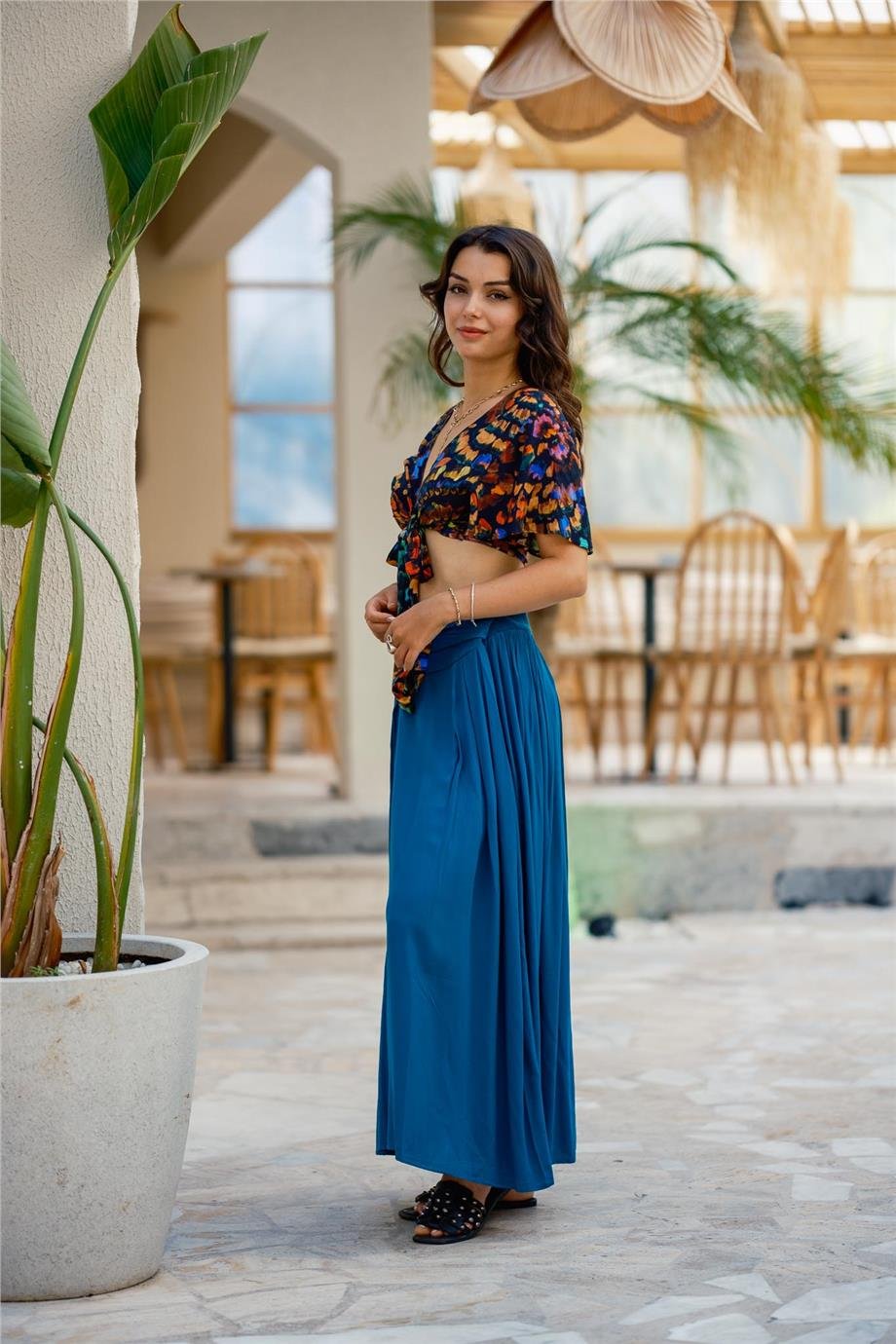 Mavi Beli Lastikli Drape Detaylı Otantik Etek