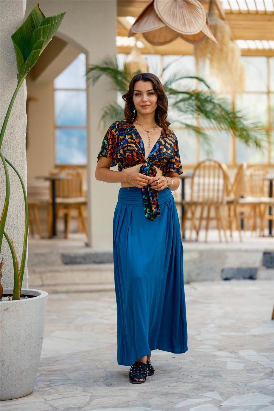 Mavi Beli Lastikli Drape Detaylı Otantik Etek