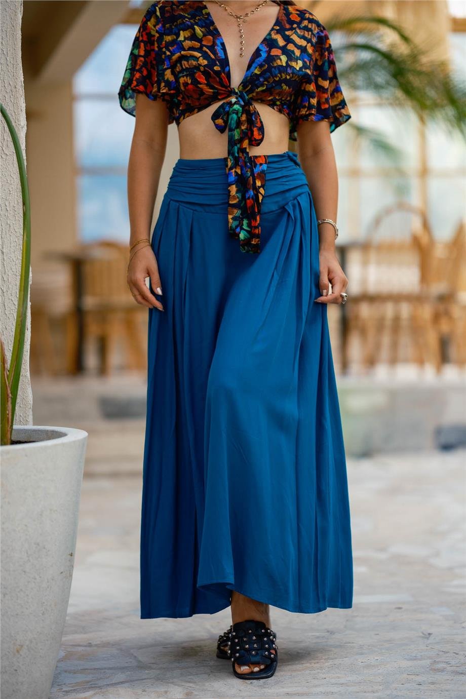 Mavi Beli Lastikli Drape Detaylı Otantik Etek