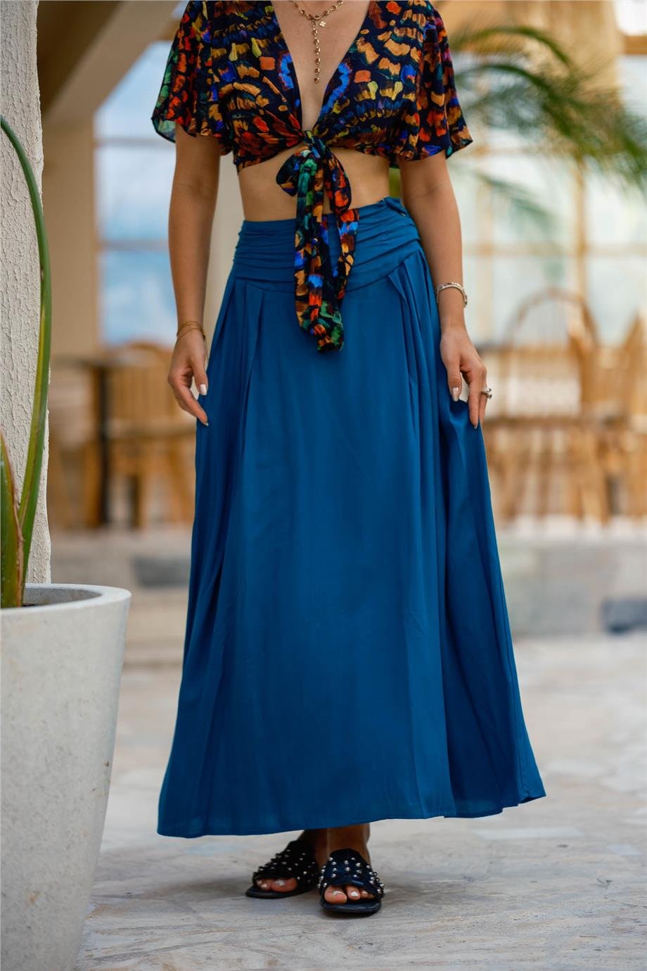 Mavi Beli Lastikli Drape Detaylı Otantik Etek