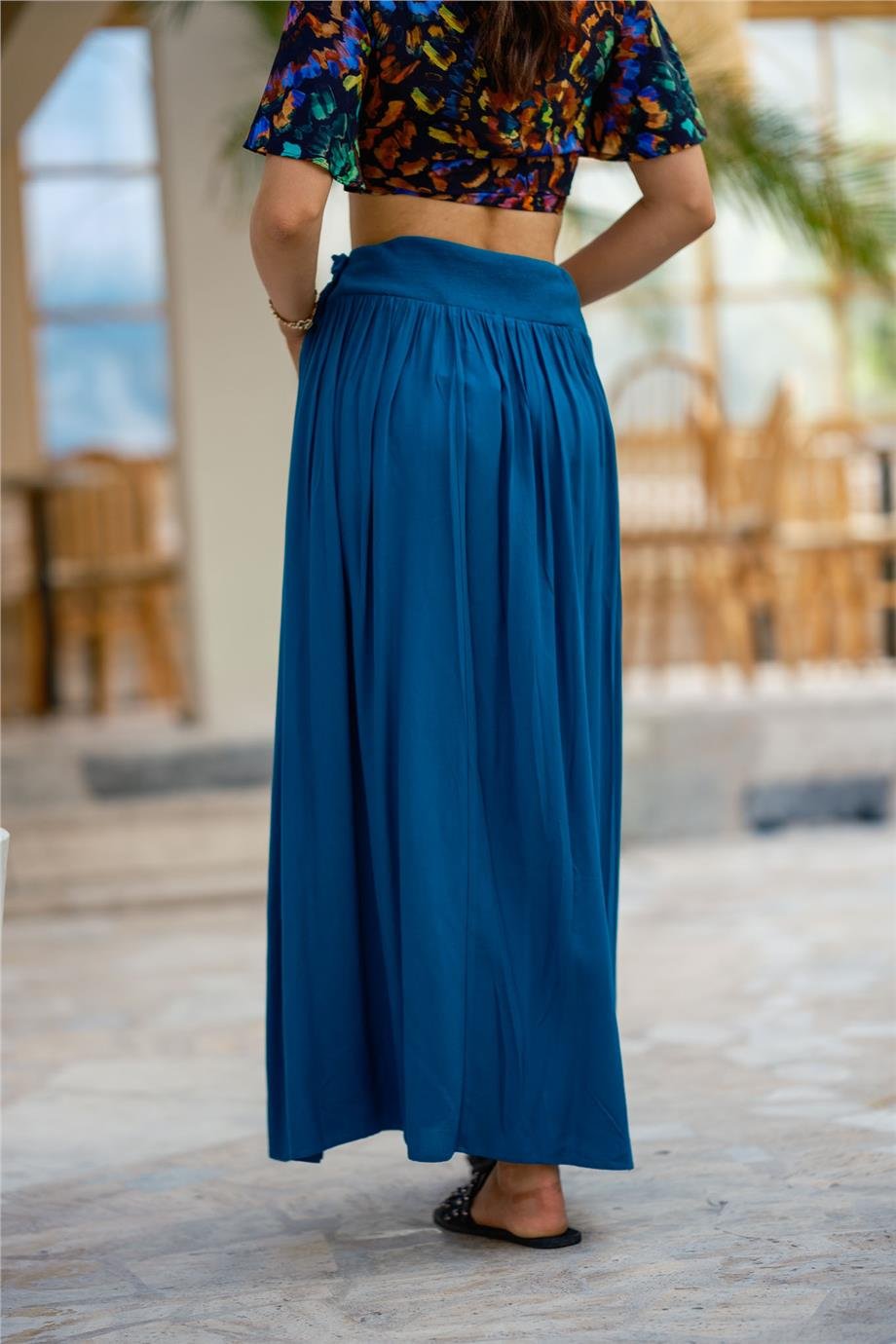 Mavi Beli Lastikli Drape Detaylı Otantik Etek