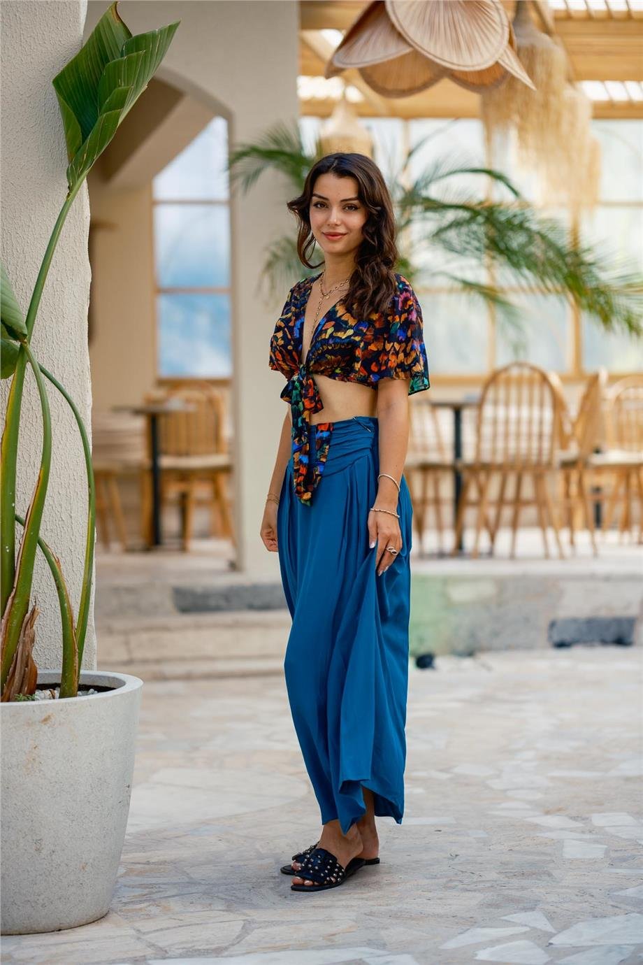 Mavi Beli Lastikli Drape Detaylı Otantik Etek