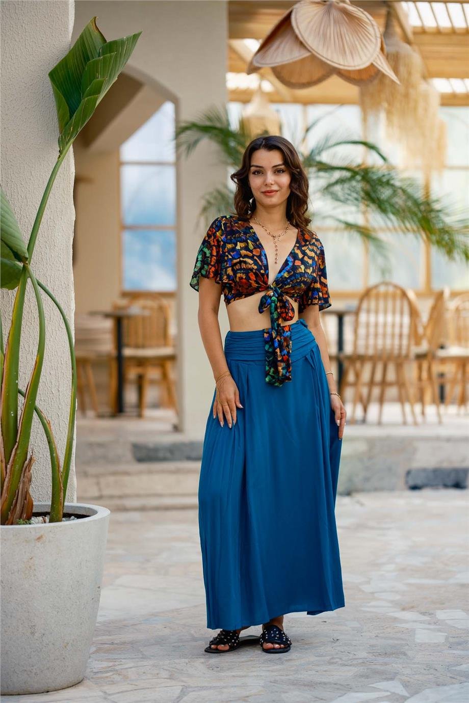 Mavi Beli Lastikli Drape Detaylı Otantik Etek