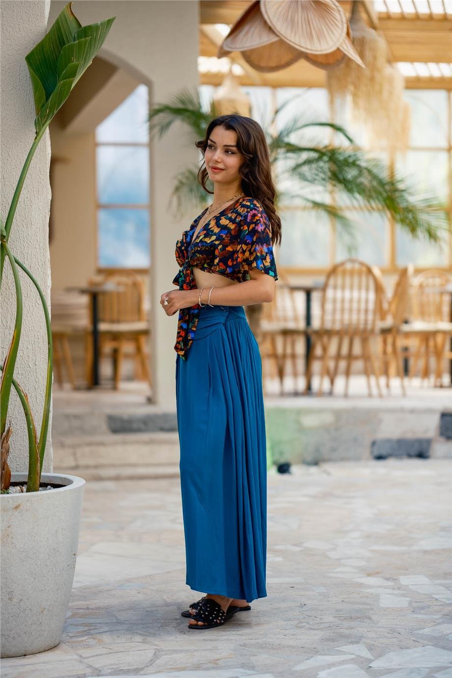 Mavi Beli Lastikli Drape Detaylı Otantik Etek