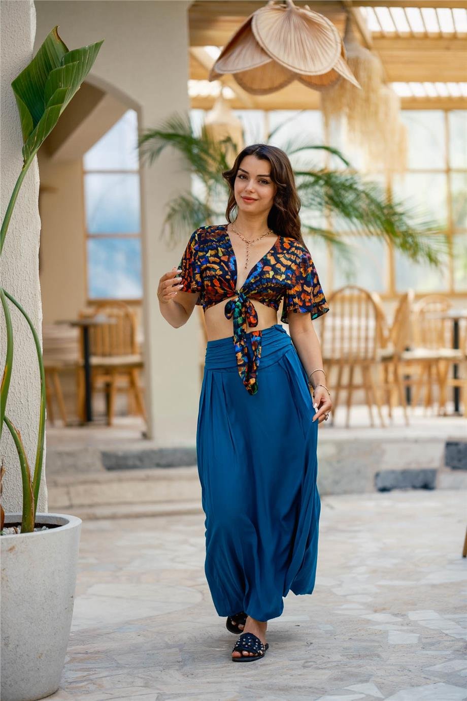 Mavi Beli Lastikli Drape Detaylı Otantik Etek