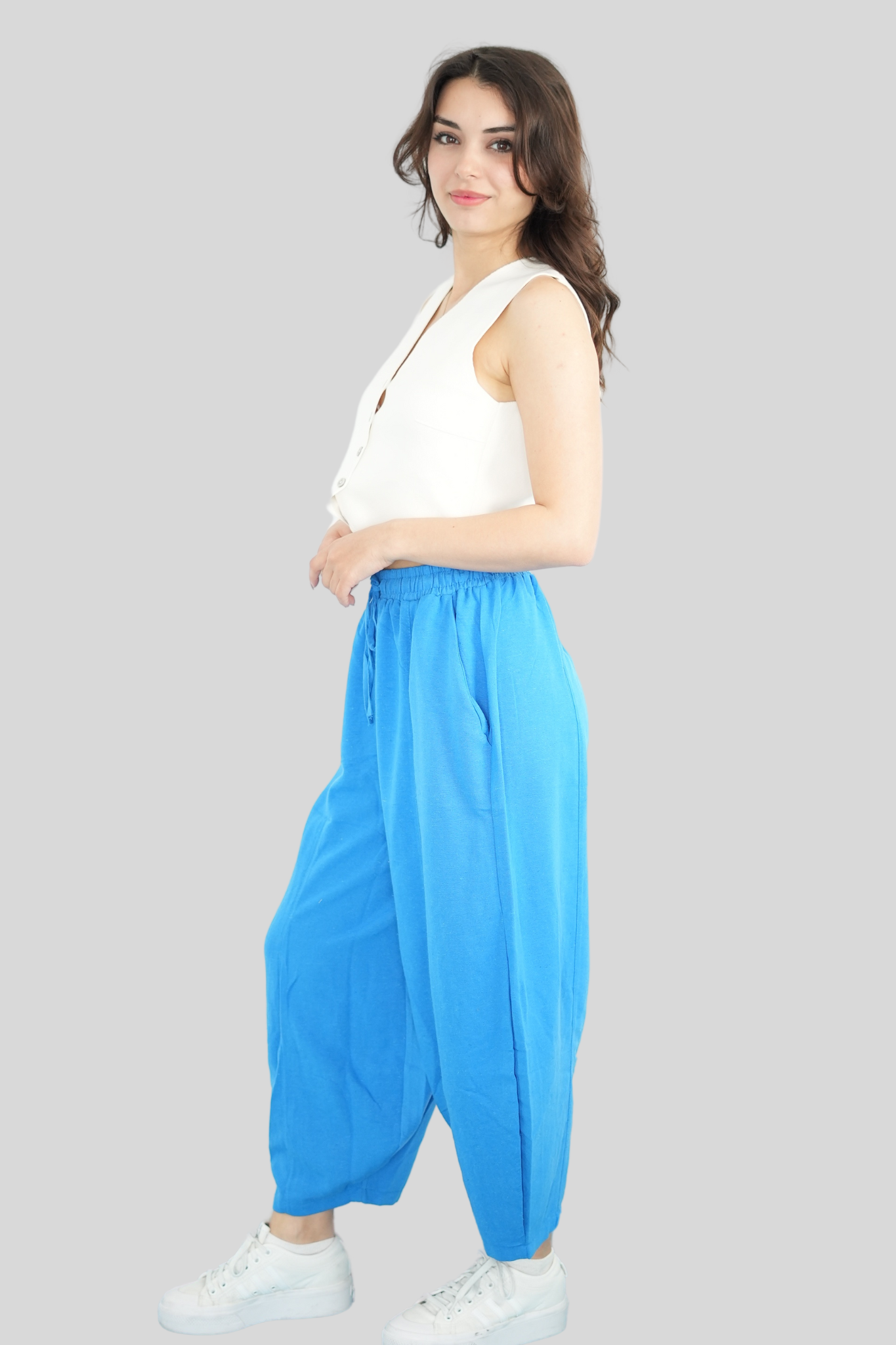 Mavi Beli Lastikli Salaş Pantolon