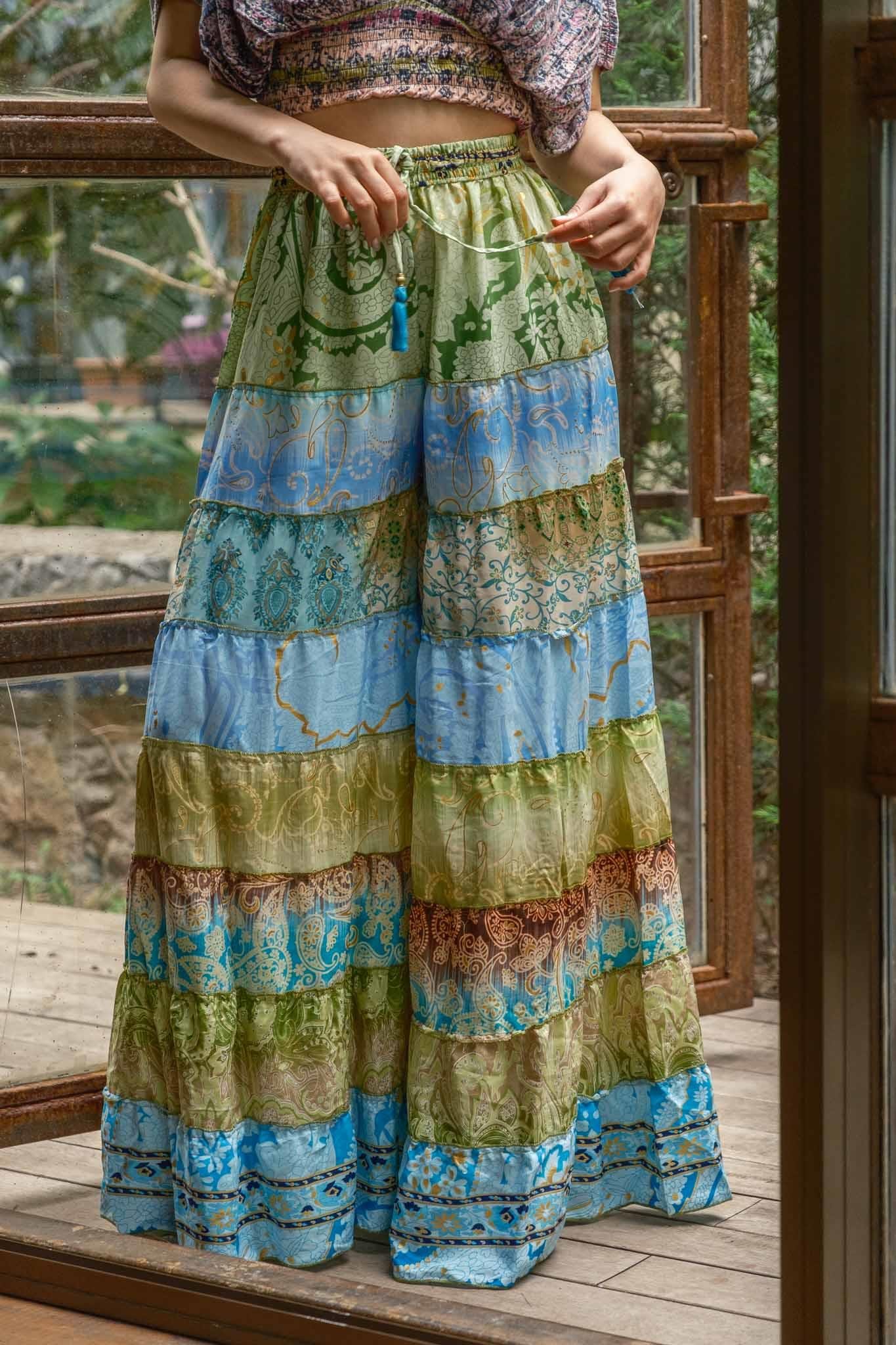 Mavi Bohem Patchwork Palazzo İpek Pantolon