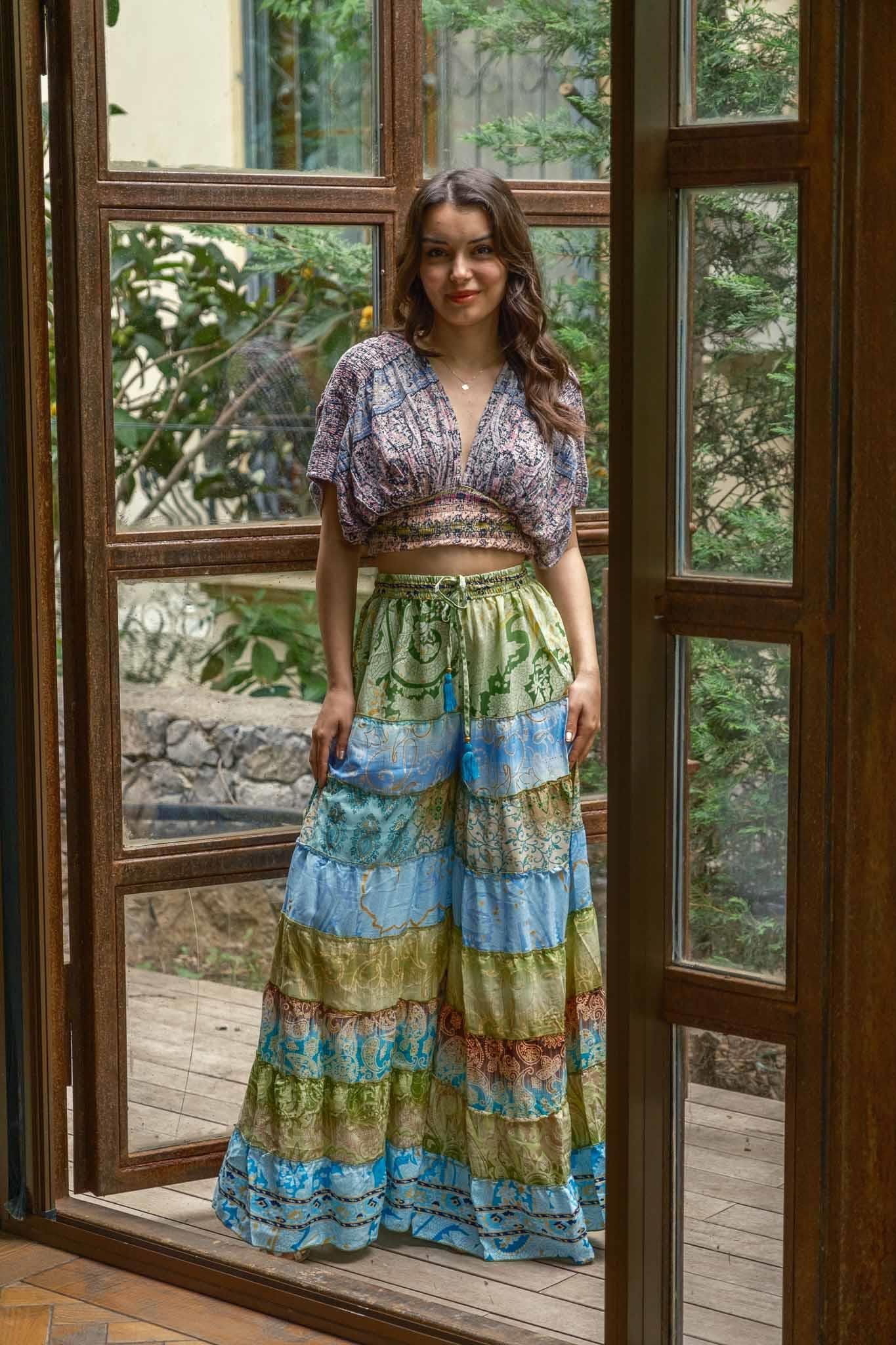 Mavi Bohem Patchwork Palazzo İpek Pantolon