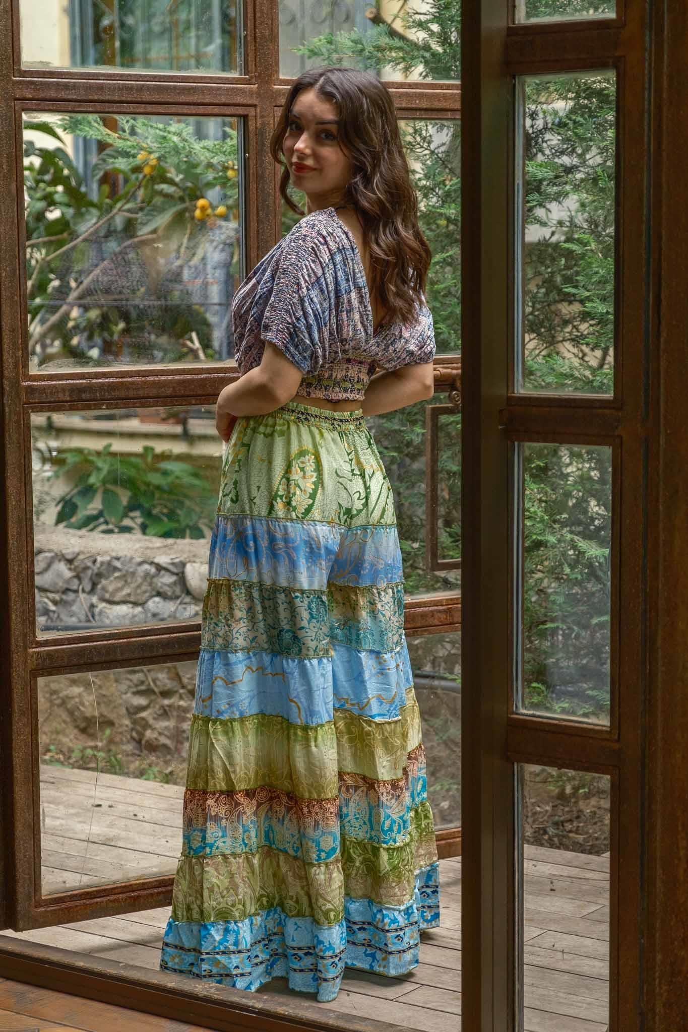 Mavi Bohem Patchwork Palazzo İpek Pantolon