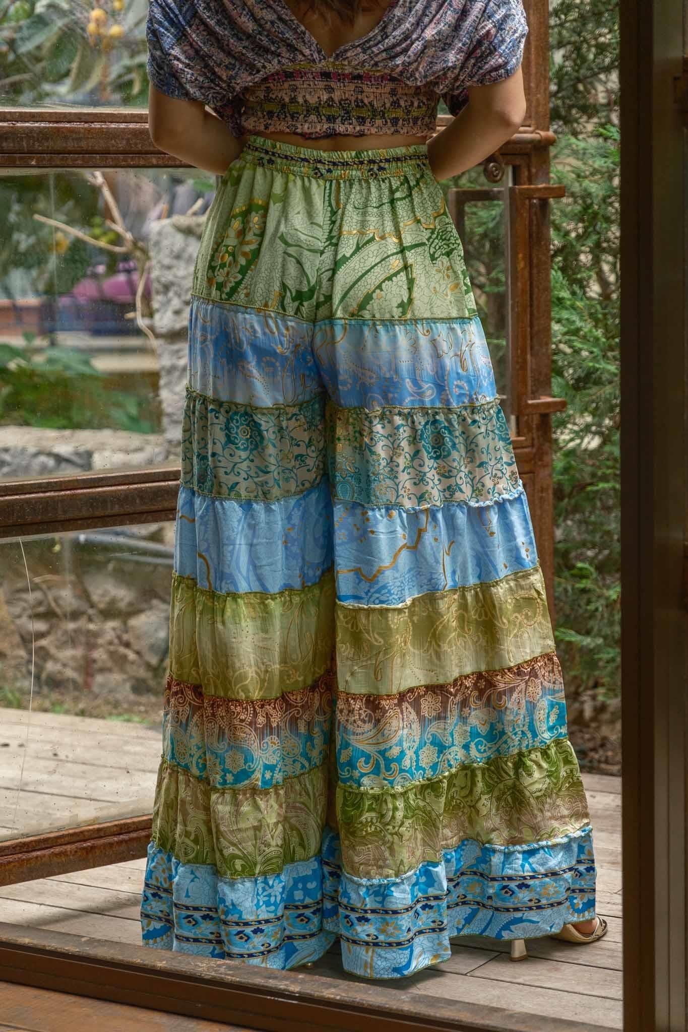 Mavi Bohem Patchwork Palazzo İpek Pantolon