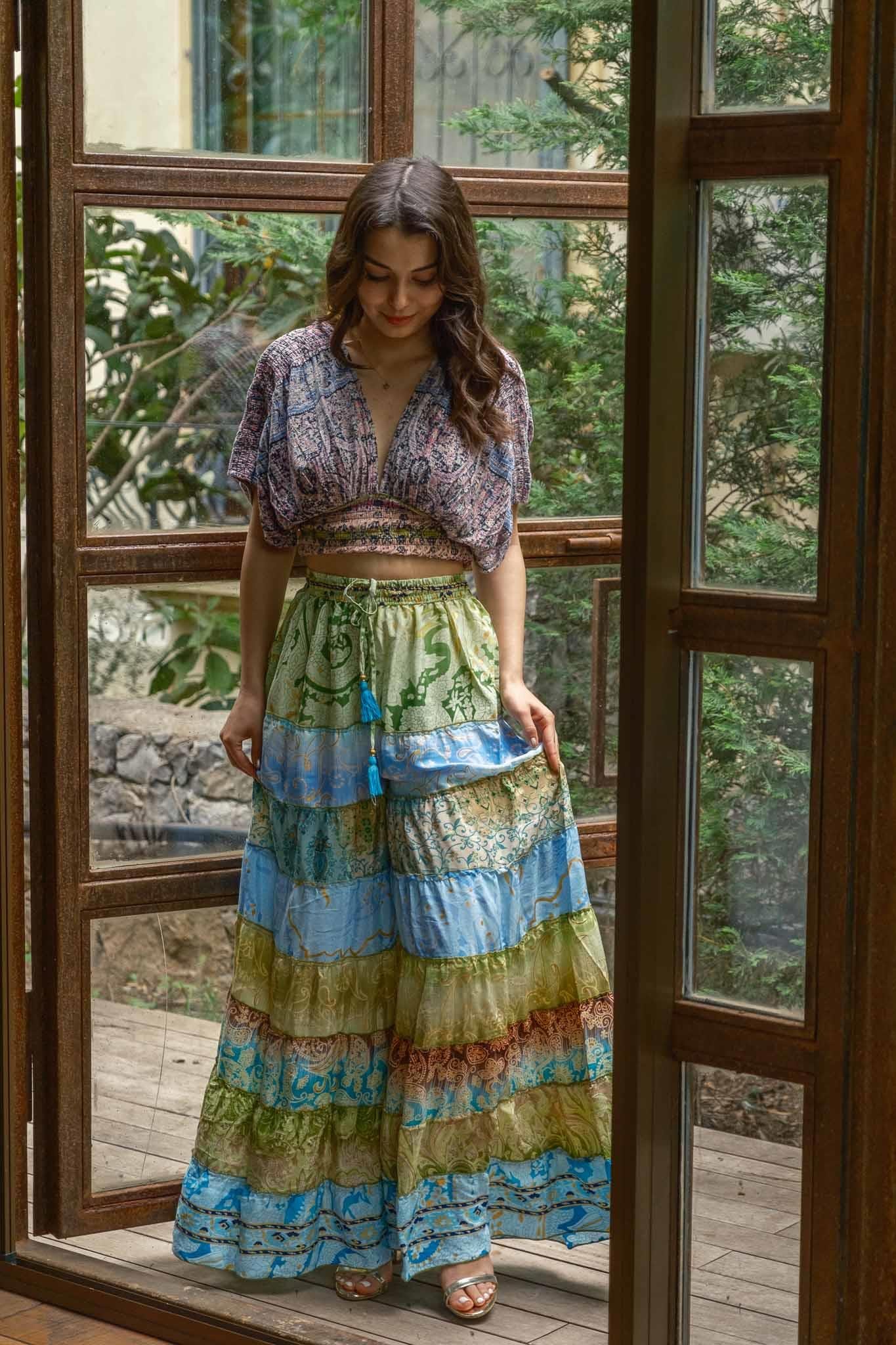 Mavi Bohem Patchwork Palazzo İpek Pantolon