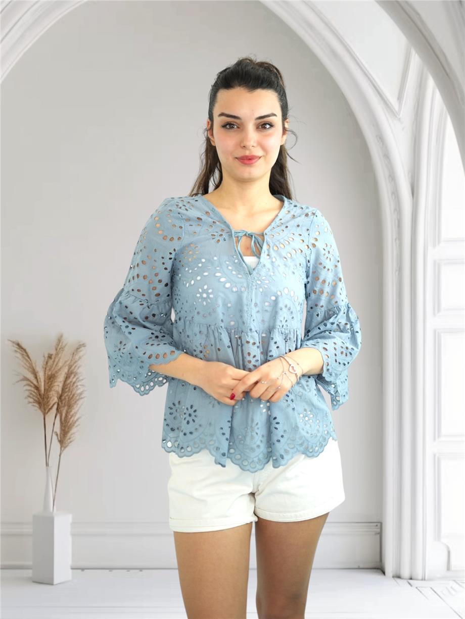 Mavi Brode Detaylı Bluz
