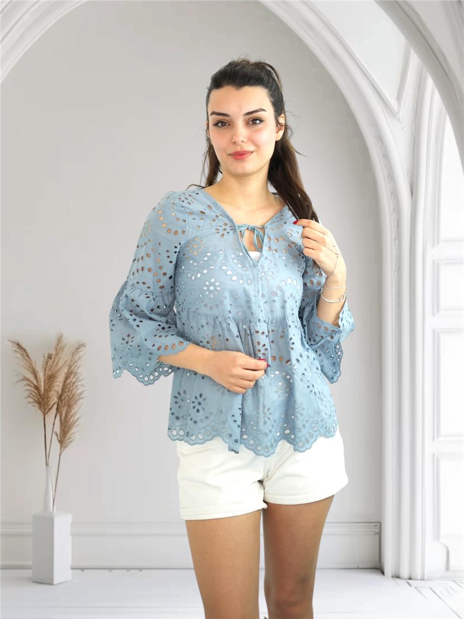 Mavi Brode Detaylı Bluz