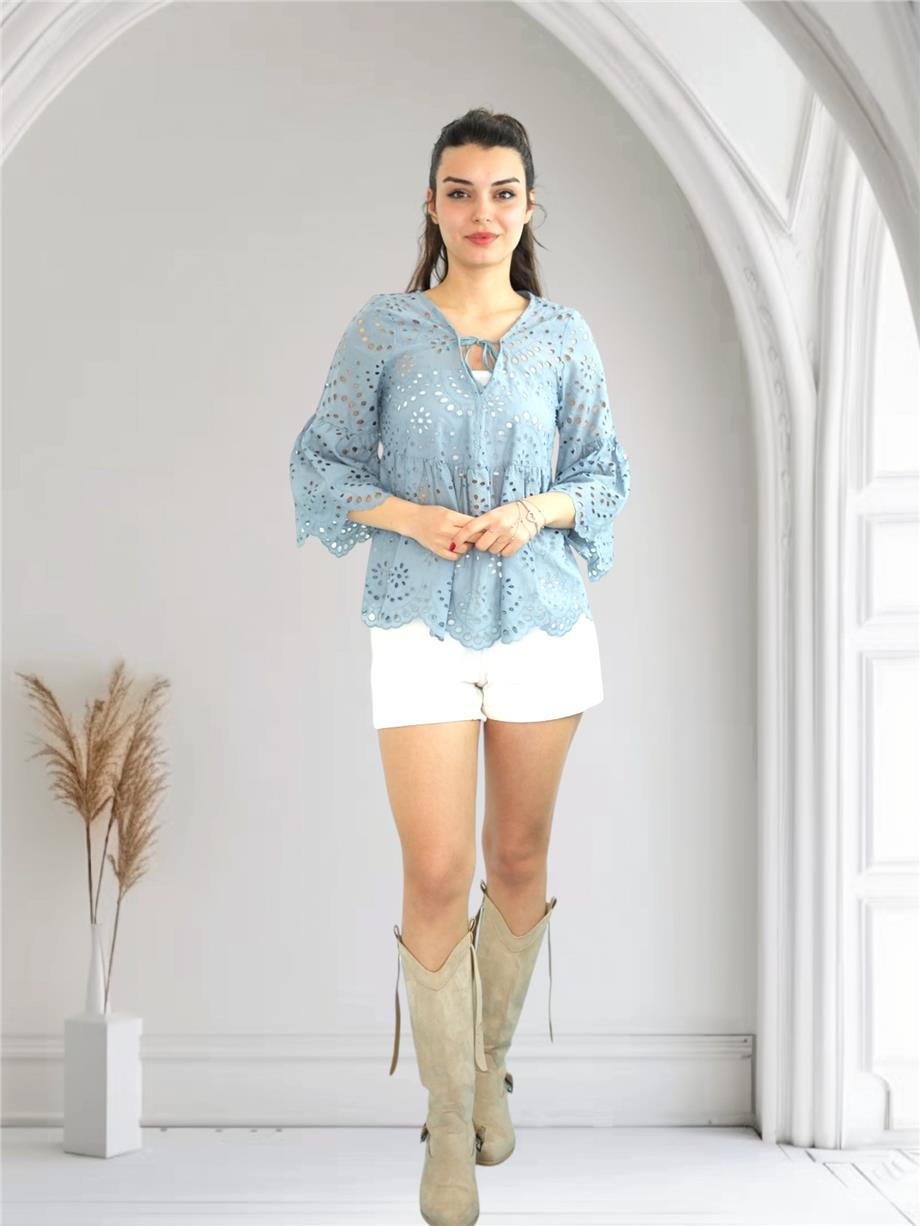 Mavi Brode Detaylı Bluz