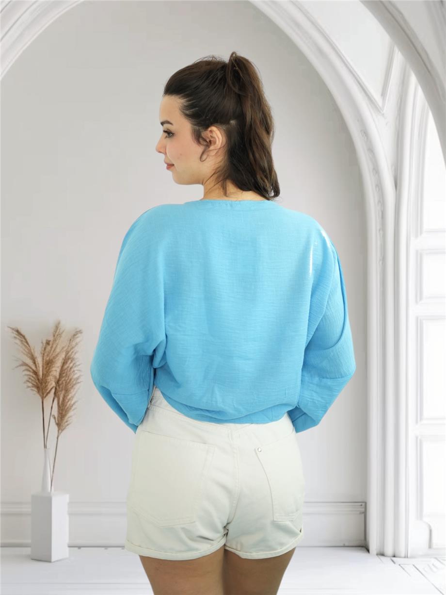 Mavi Nakışlı Bağlamalı Bluz