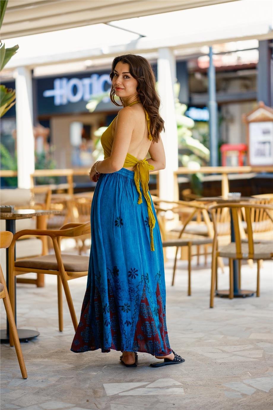 Mavi Nakışlı Uzun Etek