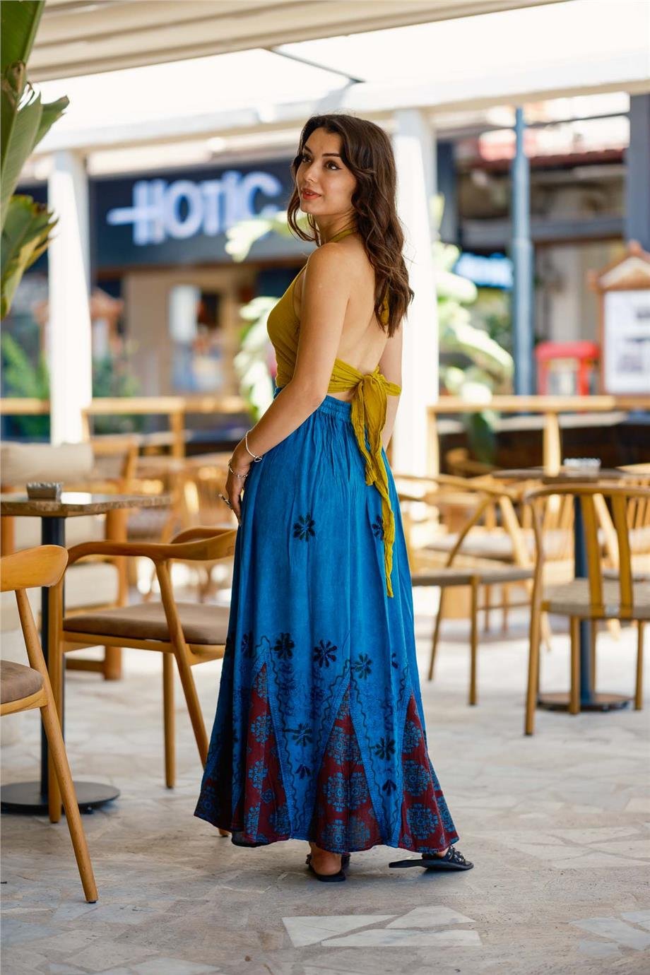 Mavi Nakışlı Uzun Etek