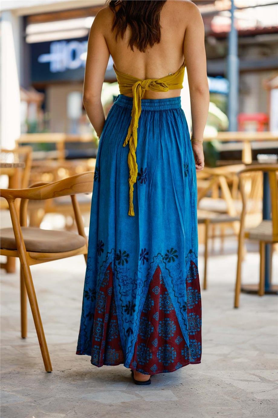 Mavi Nakışlı Uzun Etek