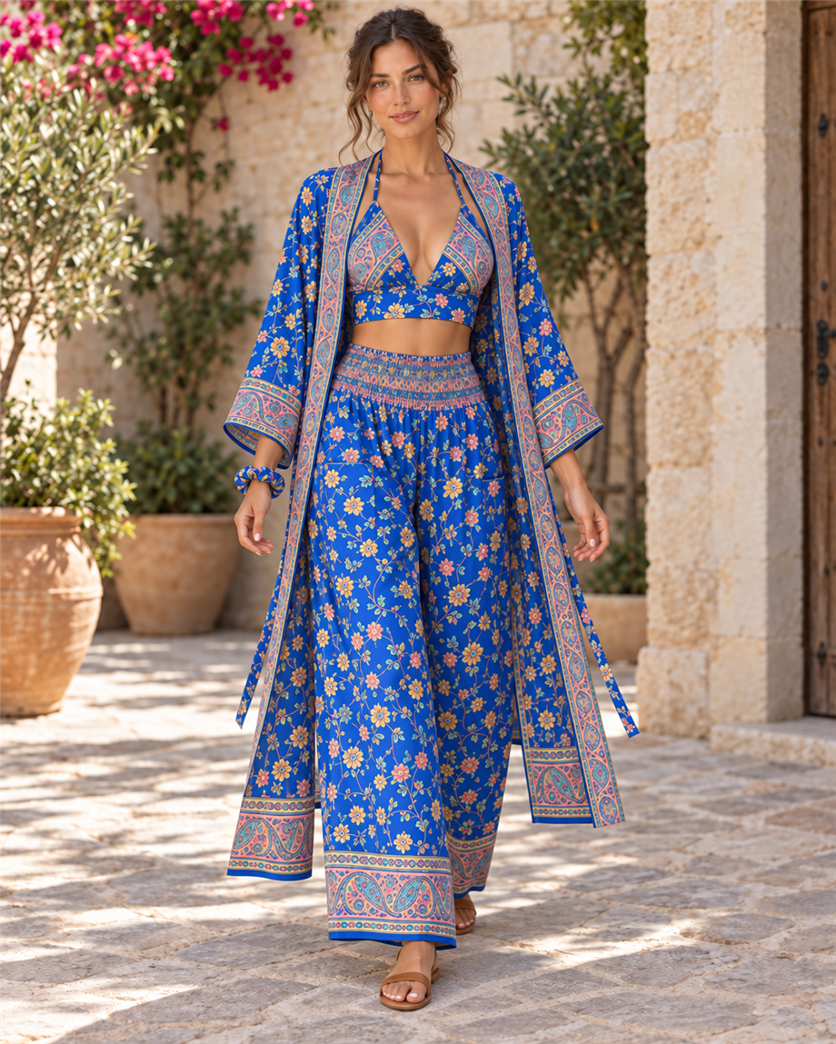 Mavi Renk Cep Detaylı İpek Pantolon Crop Kimono Üçlü Takım
