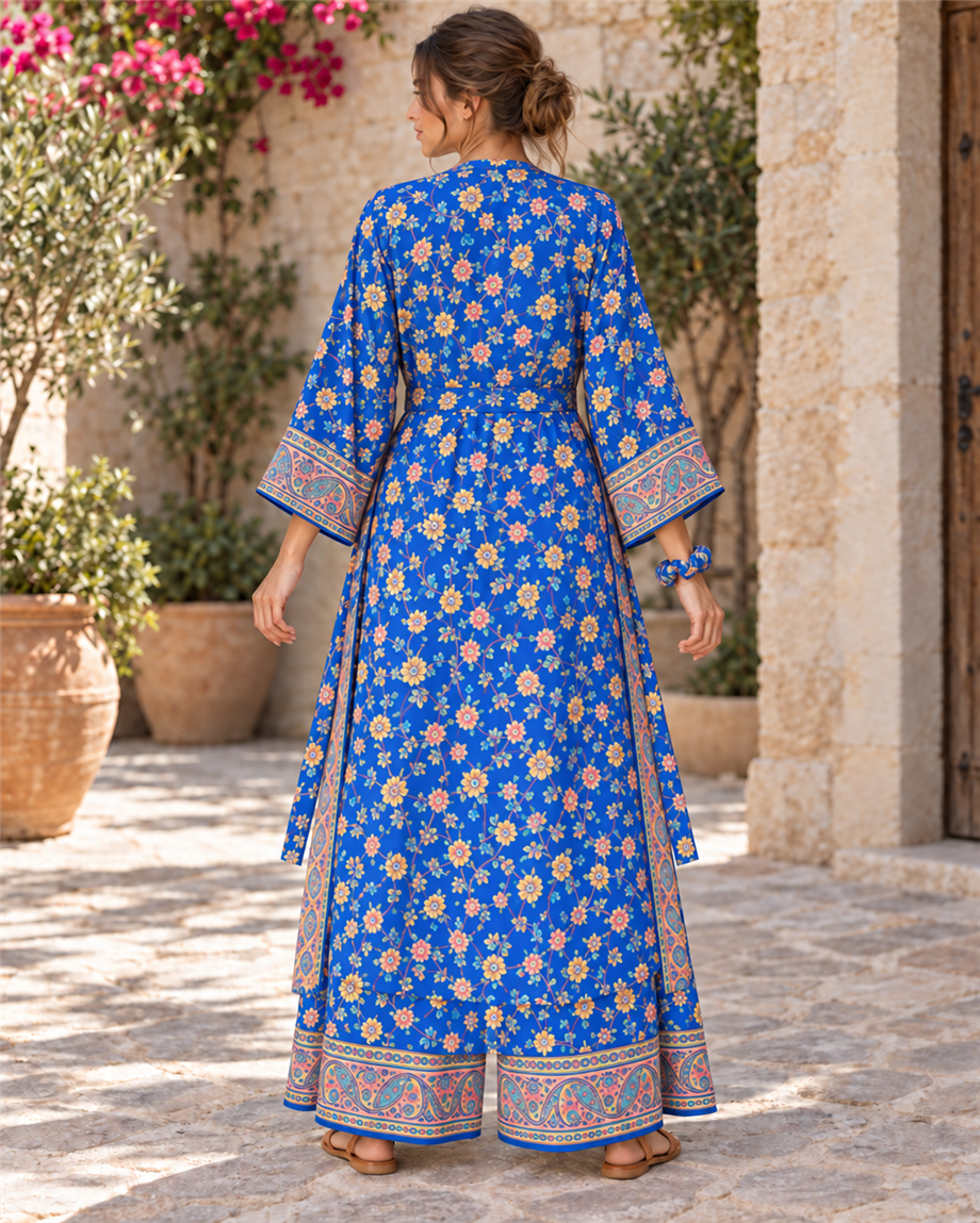 Mavi Renk Cep Detaylı İpek Pantolon Crop Kimono Üçlü Takım