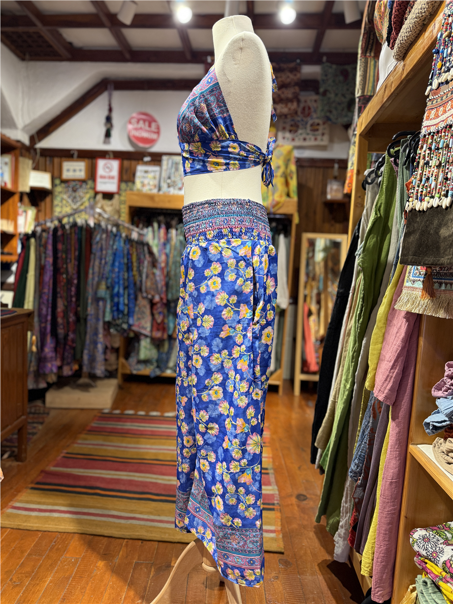 Mavi Renk Cep Detaylı İpek Pantolon Crop Kimono Üçlü Takım