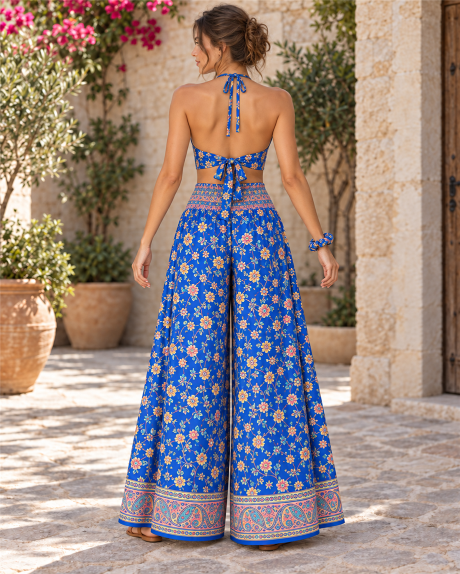 Mavi Renk Cep Detaylı İpek Pantolon Crop Kimono Üçlü Takım