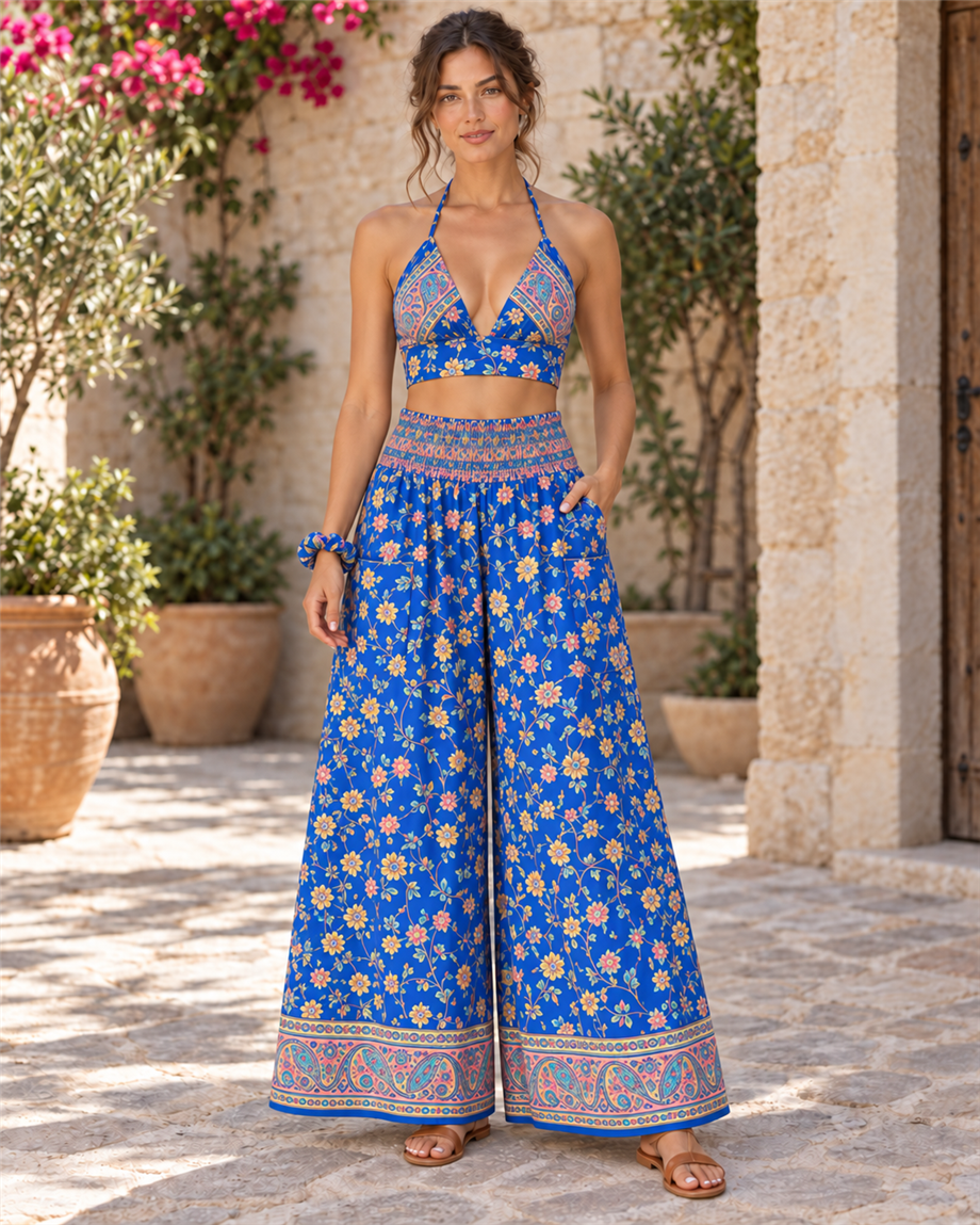 Mavi Renk Cep Detaylı İpek Pantolon Crop Kimono Üçlü Takım