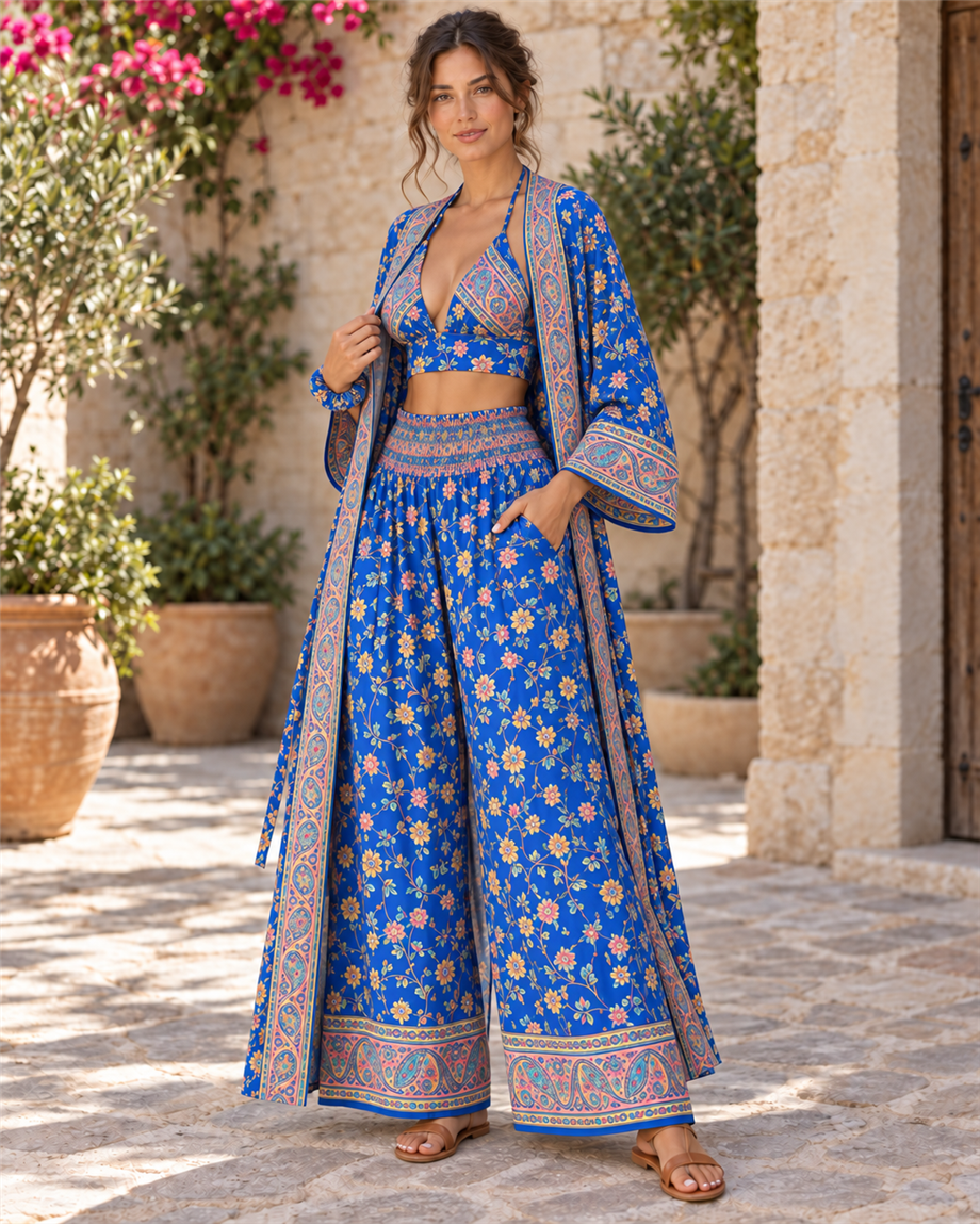 Mavi Renk Cep Detaylı İpek Pantolon Crop Kimono Üçlü Takım