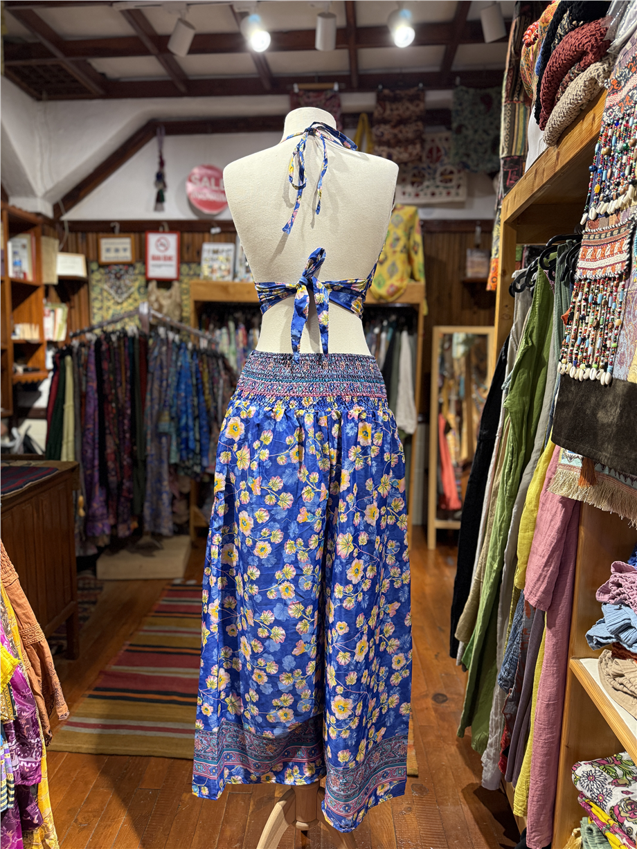 Mavi Renk Cep Detaylı İpek Pantolon Crop Kimono Üçlü Takım